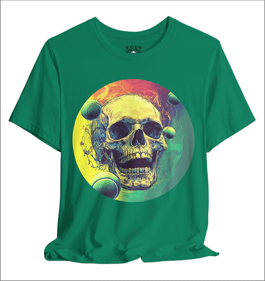 Green t-shirt with a colorful skull design on a white background