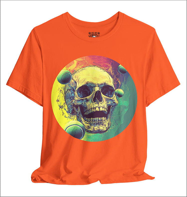 Orange t-shirt with a colorful skull design on a white background