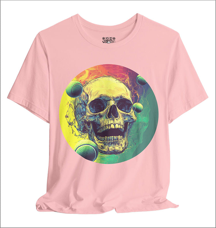 Pink t-shirt with a colorful skull design on a white background