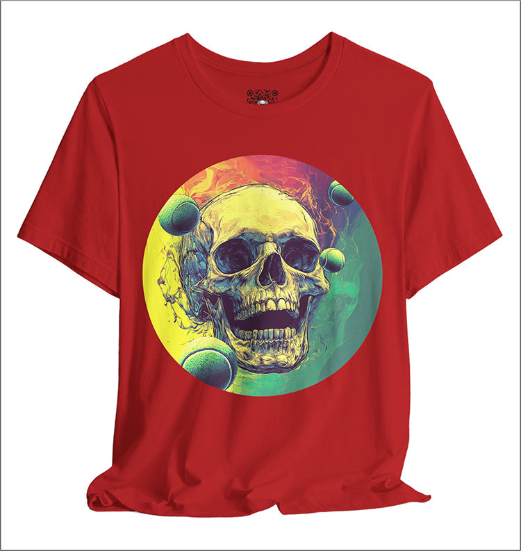 Red t-shirt with a colorful skull design on a white background