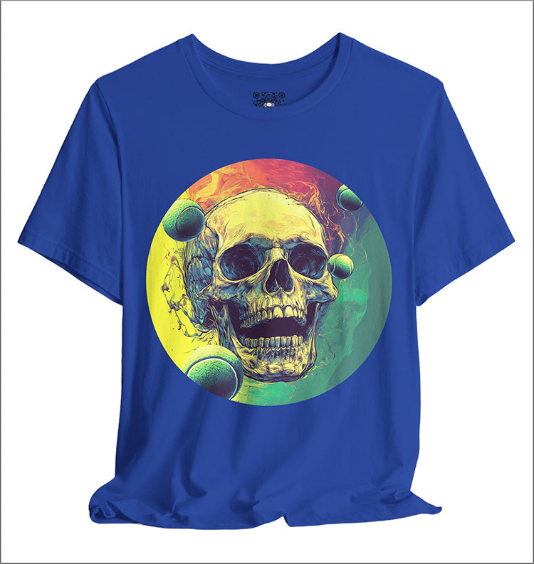 Blue t-shirt with a colorful skull design on a white background