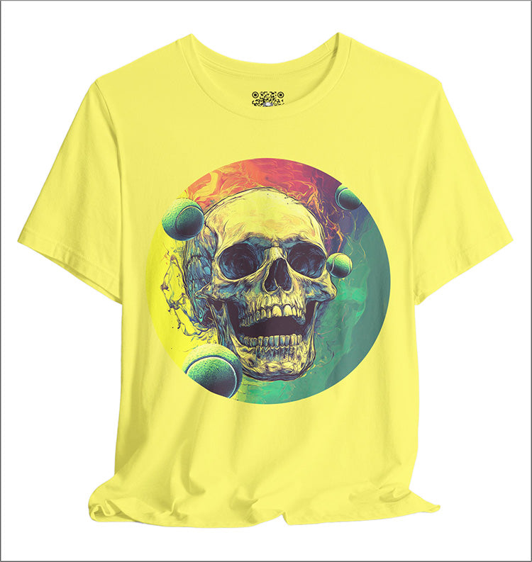 Yellow t-shirt with a colorful skull design on a white background
