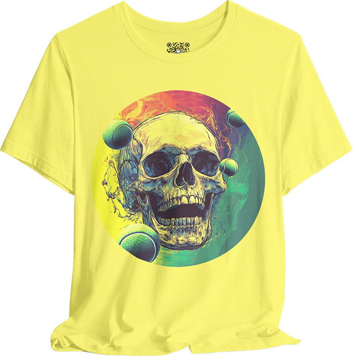 Yellow t-shirt with a colorful skull design on a white background