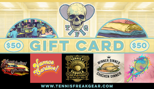 Gift card for $50, with various designs and text on a colorful background