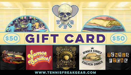 Gift card for $50, with various designs and text on a colorful background