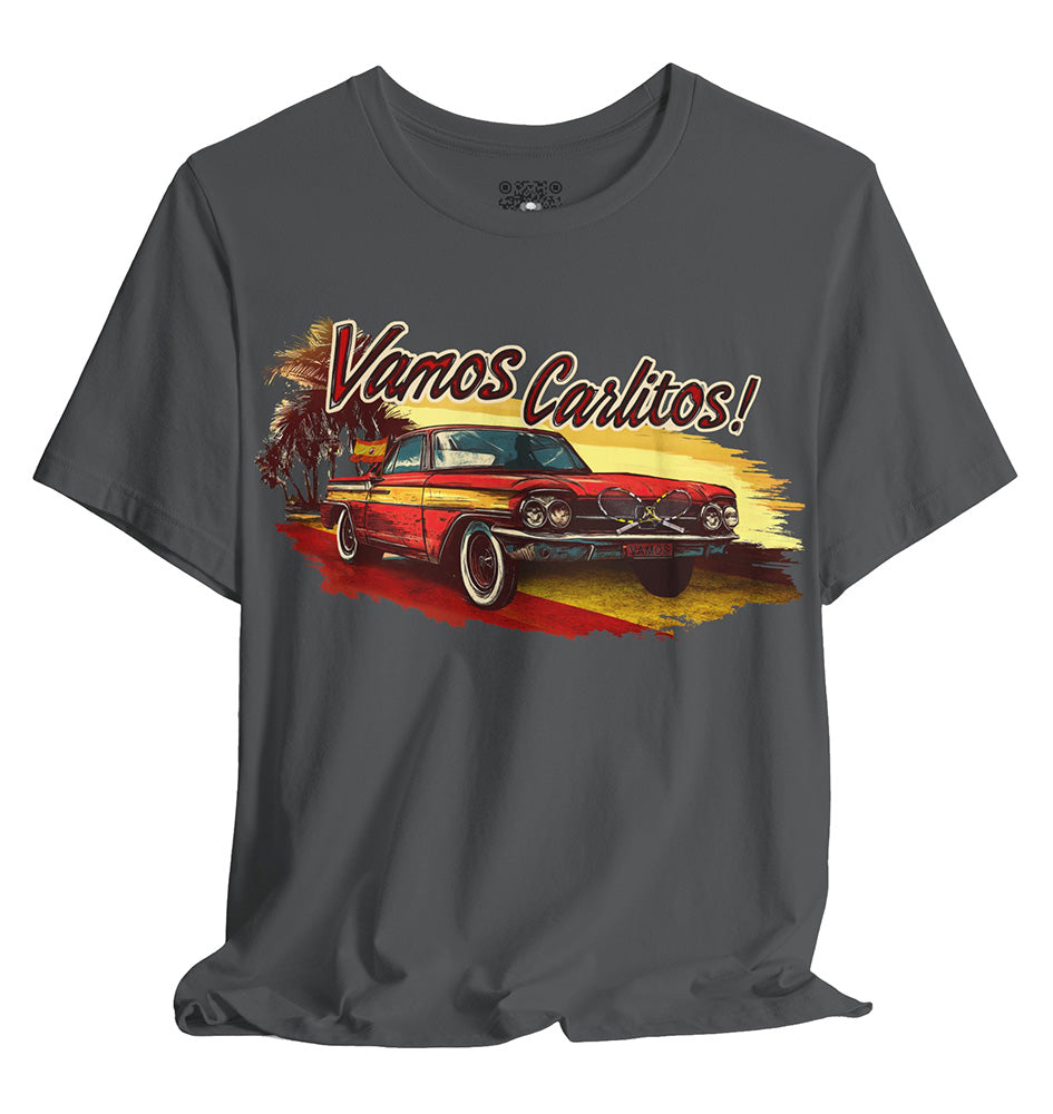 Gray t-shirt with a graphic of a classic car and 'Vamos Carlitos!' text on a white background