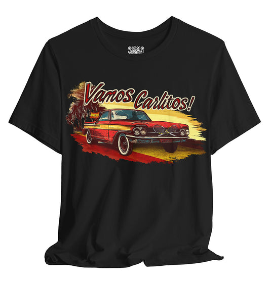 Black t-shirt with a graphic of a classic car and 'Vamos Carlitos!' text on a white background
