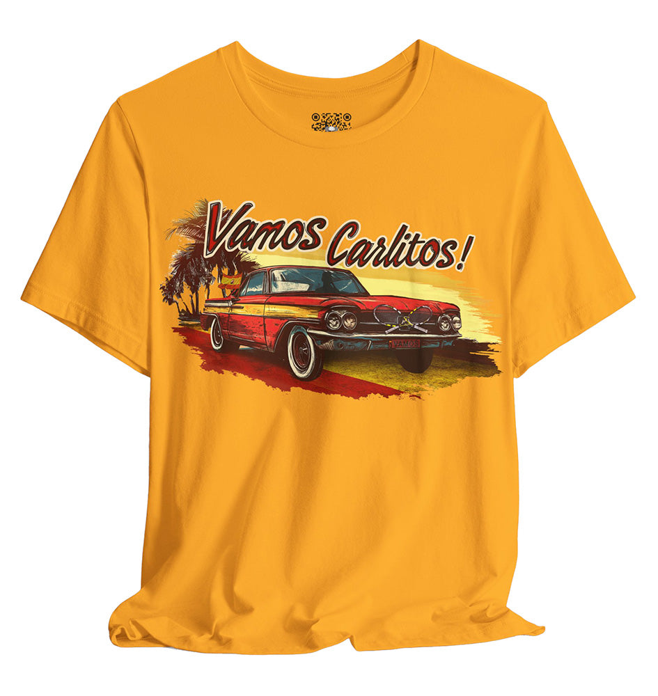 Gold t-shirt with a graphic of a classic car and 'Vanos Carlitos!' text on a white background