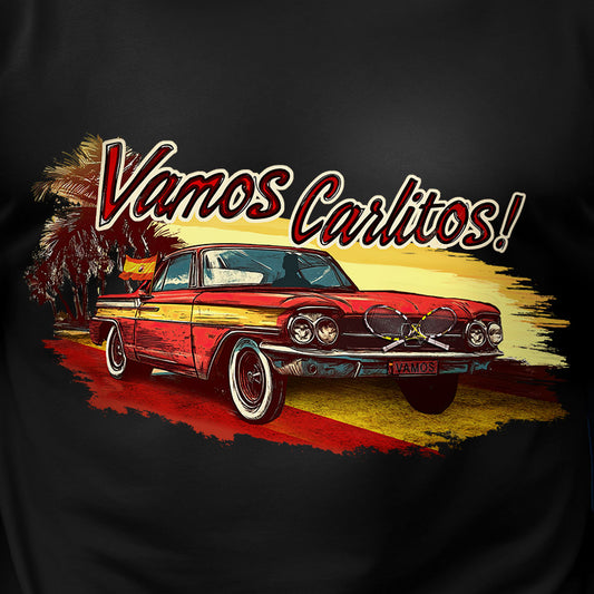 Vintage car with 'Vamos Carlitos!' text on a black background