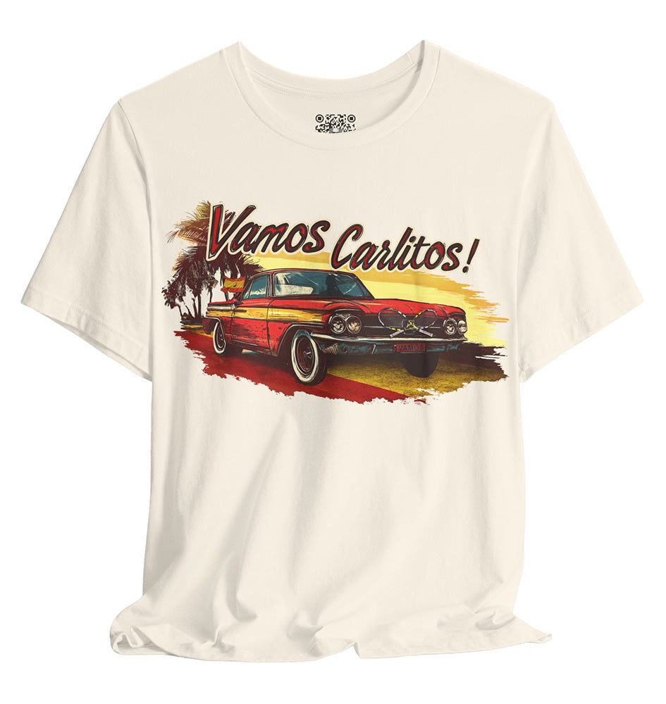 Natural t-shirt with a graphic of a classic car and 'Vanos Carlitos!' text on a white background