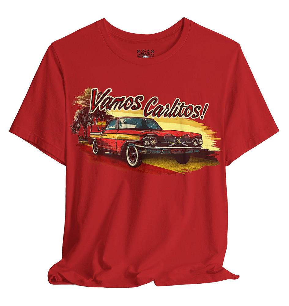 Red t-shirt with a graphic of a classic car and 'Vamos Carlitos!' text on a white background