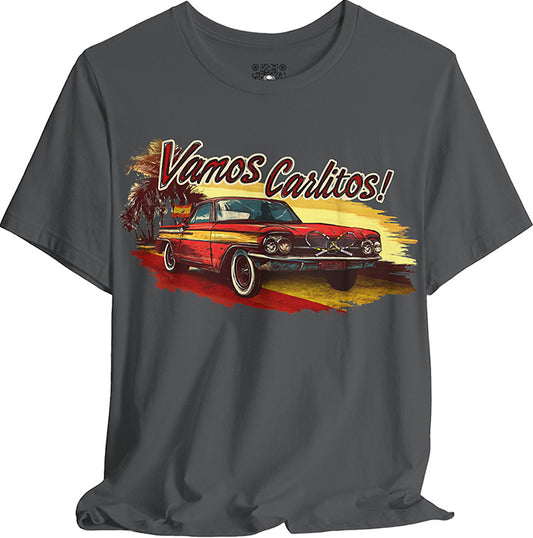 Gray t-shirt with a graphic of a classic car and 'Vamos Carlitos!' text on a white background